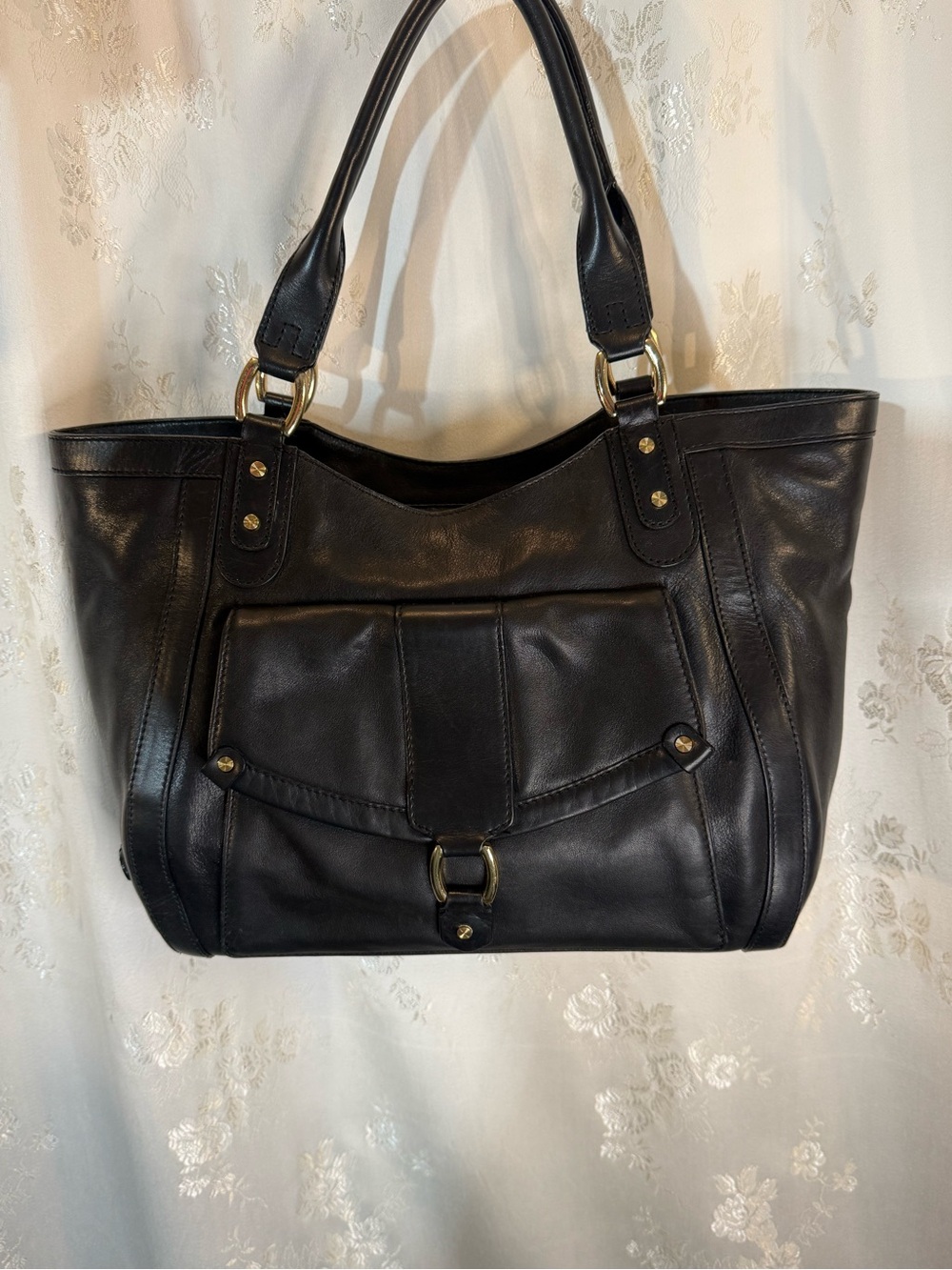 Cole Hann Structured Black Leather Shoulder Bag with Front Pocket
